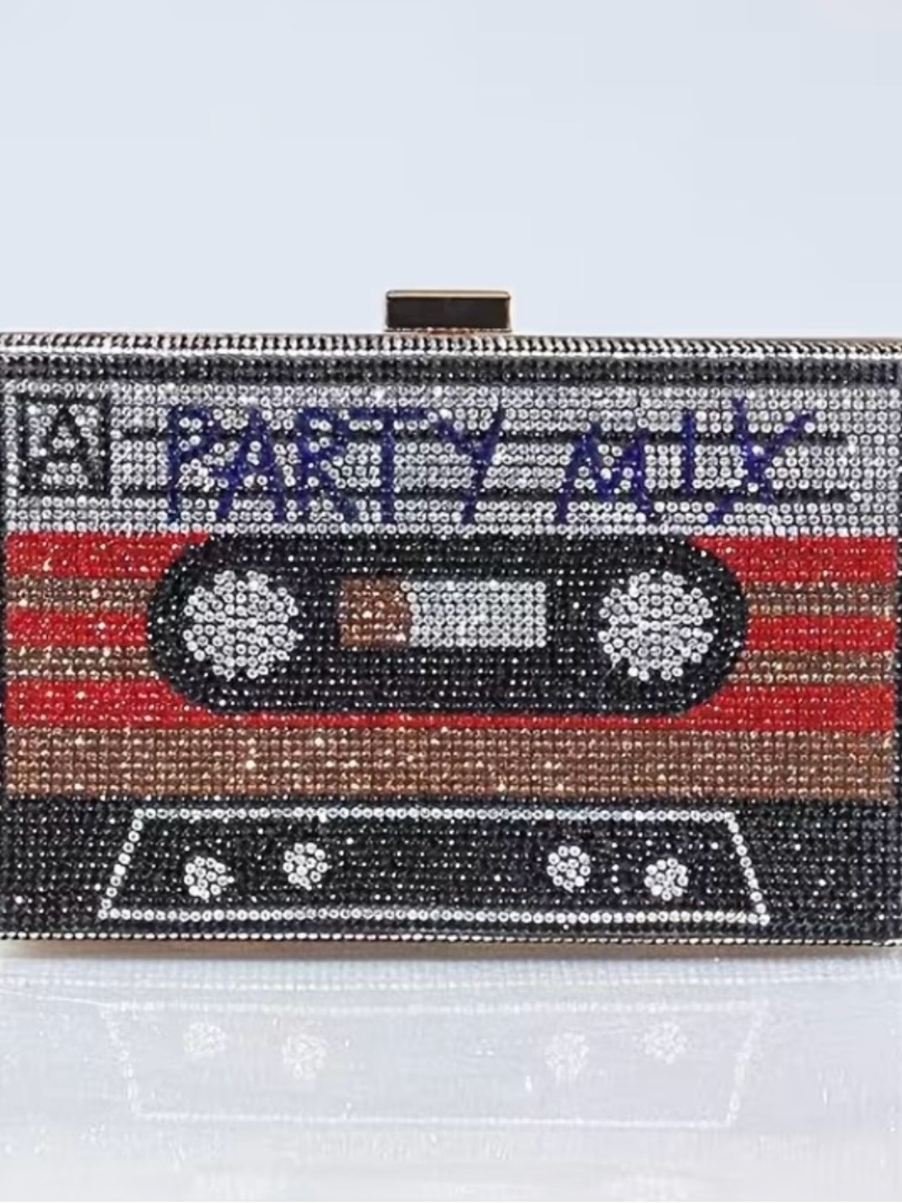 Brand New Crystal Cassette Tape Minaudiere Clutch in Red, Black & Silver